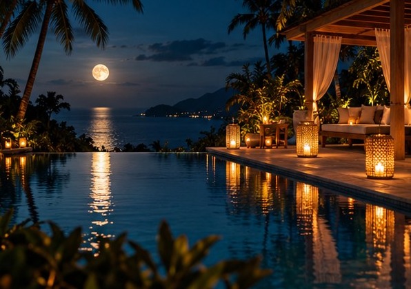A full moon over a quiet lantern-lit pool at night