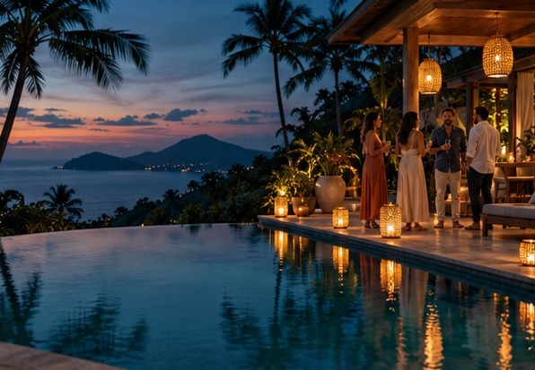 People gathered poolside at sunset