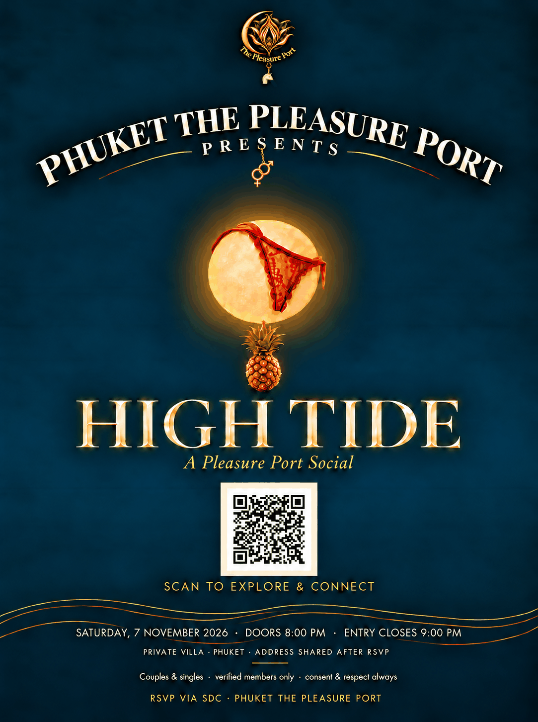 HIGH TIDE flyer: a moon with a red lace thong hanging from it and a gold pineapple below, A Pleasure Port Social
